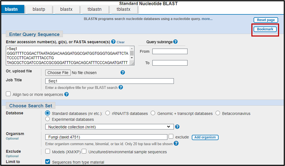 Web page titled "Standard Nucleotide BLAST" with several tabs on the top. The blastn tab is in blue. The page is divided into two sections. The top section is called "Enter Query Sequence" and it has a box that contains a nucleotide sequence. The bottom section is called "Choose Search Set" and contains several radio buttons for Database selection. It also has a box to enter an organism name. The top right corner of the page contains two buttons, called "Reset page" and "Bookmark".