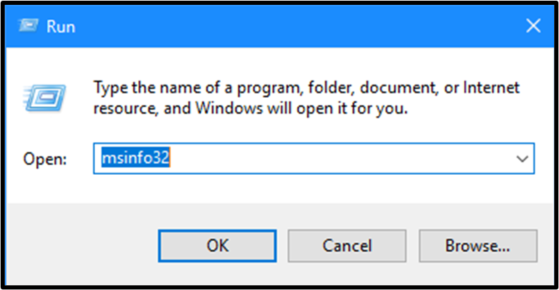 A small web pop-up titled as "Run" with an entry box containing the "msinfo32" text.